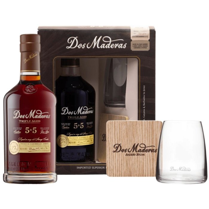 Rum Dos Maderas PX 5y + 5y Aged darčekové balenie s pohárom a podložkou 40% 0,7L